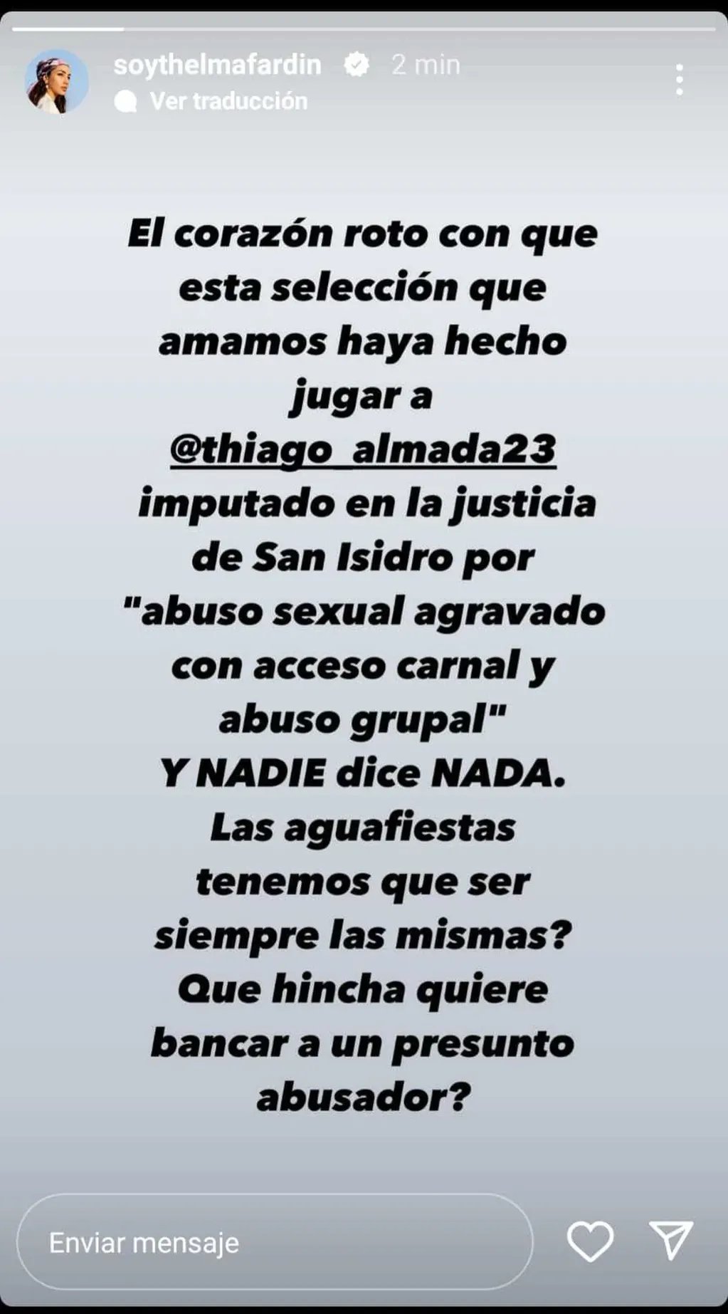 Thelma Fardin repudió que Thiago Almada juegue en la Selección. Foto: Web