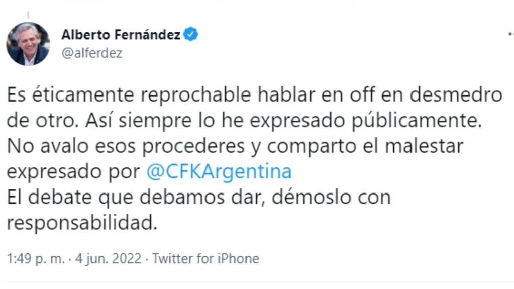 El presidente respaldó a Cristina Kirchner.