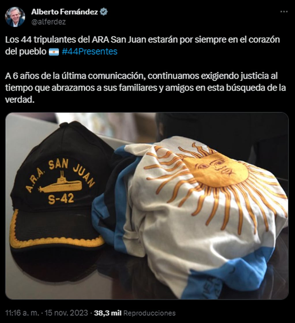 El tuit de Alberto Fernández recordando a los tripulantes del ARA San Juan. Foto: captura.