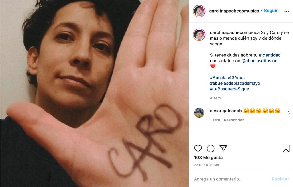 La foto con la que Carolina se ha presentado en Instagram, incitando a ayudar a aquellos que tengan duda de su identidad.