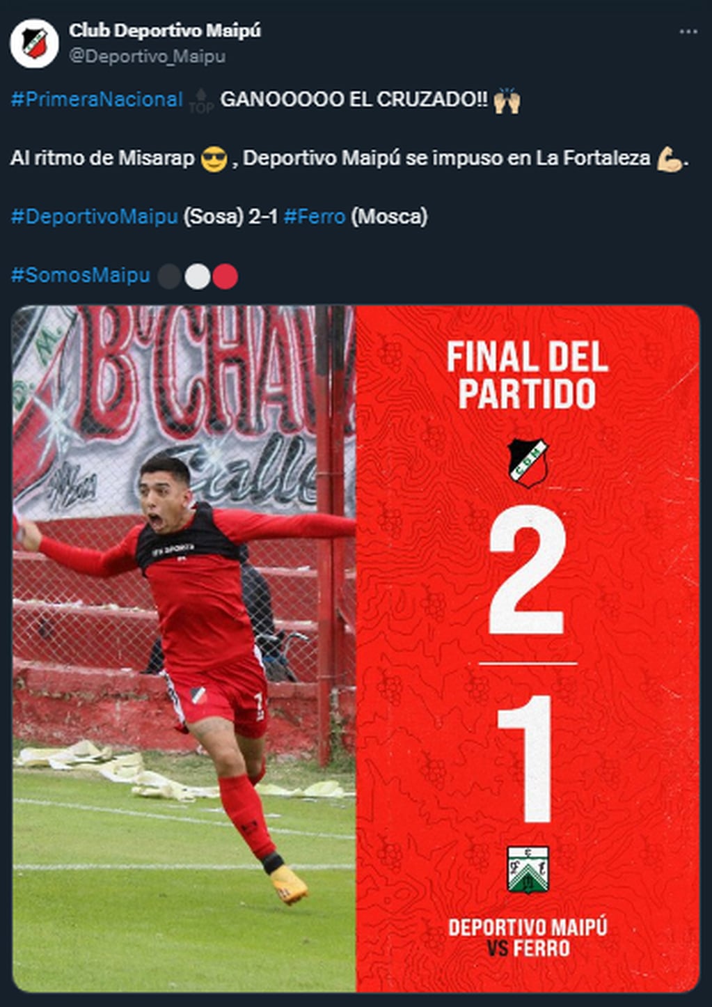 Deportivo Maipú venció a Ferro 2-1. Foto: X @Deportivo_Maipu