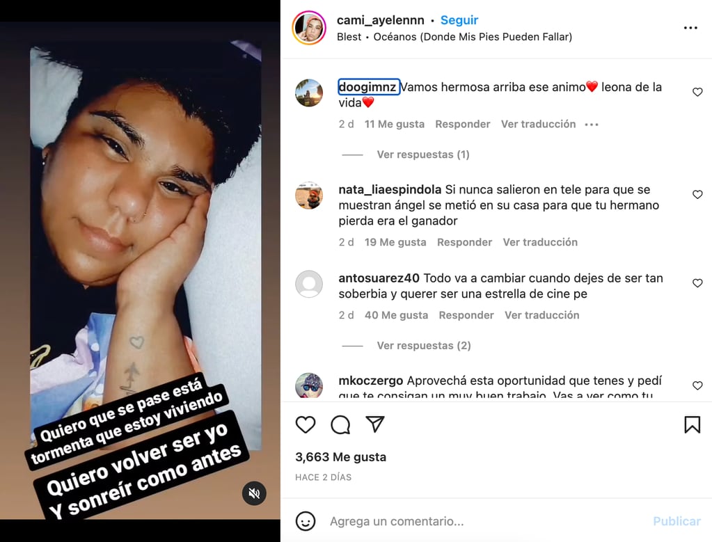 La publicación de Camila, la hermana de Thiago, en Instagram.