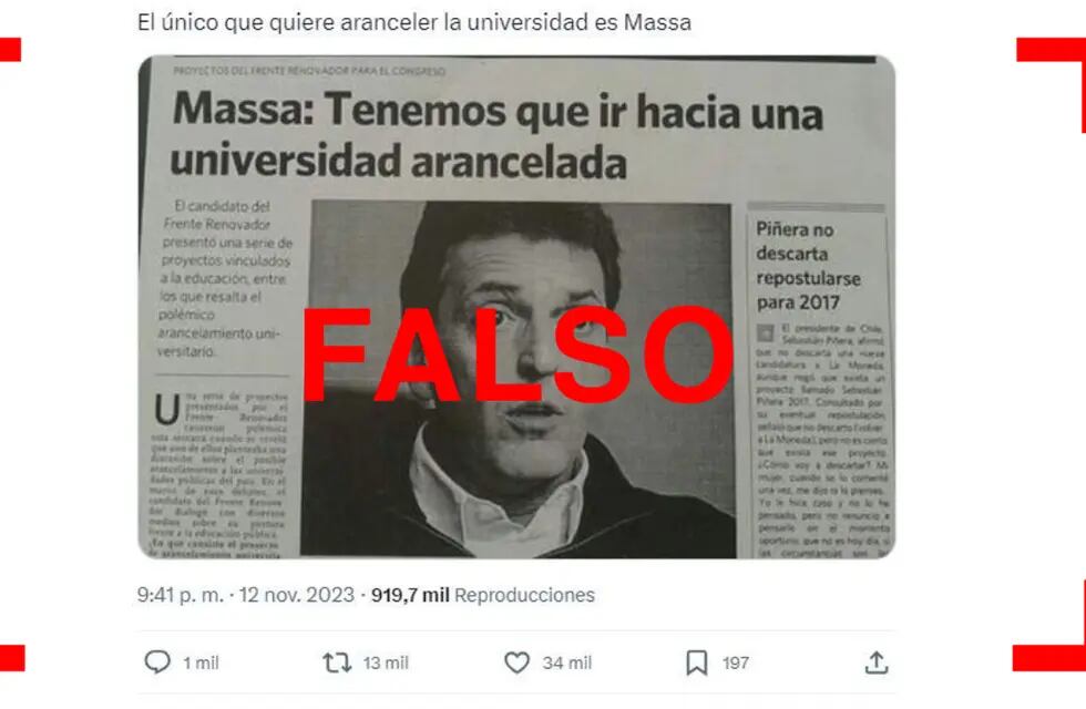 Es falso el recorte de Clarín en el que Sergio Massa propone arancelar la universidad pública. Foto: Reverso