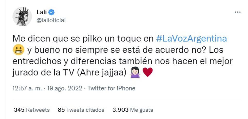 Lali Espósito habló de su cruce con los Montaner en La Voz Argentina (Twitter)