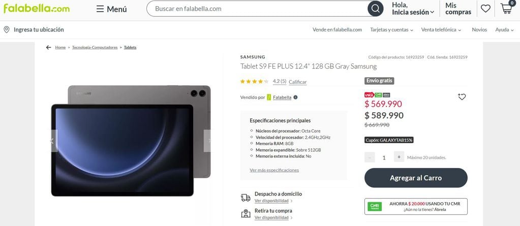 Esto es lo que sale una Tablet Samsung en Chile.