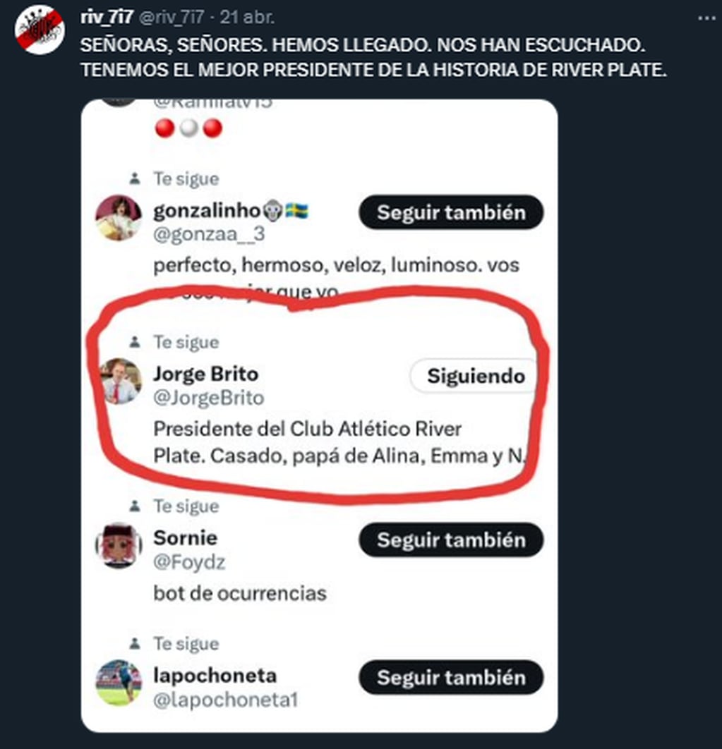 El hincha tuitero bromeaba con desopilantes pedidos a la institución de Núñez.