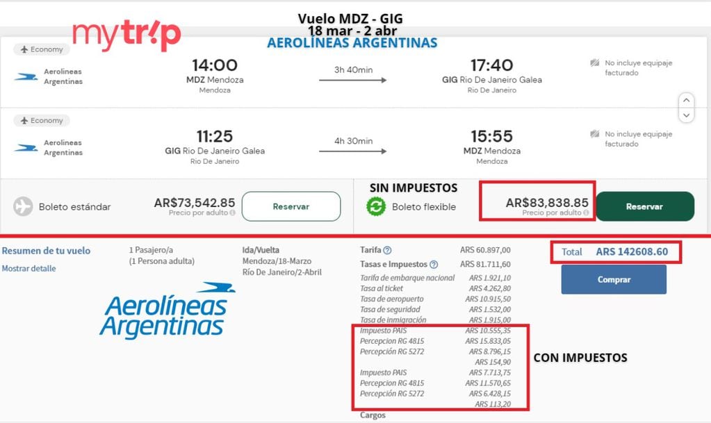 Cuidado: la diferencia entre una tarifa sin impuestos y el valor real con impuestos (My Trip vs. Aerolíneas Argentinas, mismo vuelo)