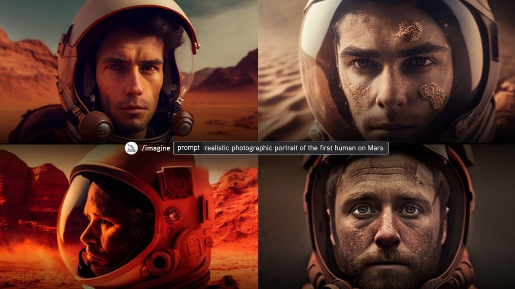 Ejemplo de sesgo de la IA al mostrar solo hombres blancos al pedirle un retrato fotográfico realista del primer ser humano en Marte.