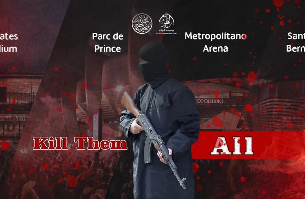 Alarma en Europa por amenazas de Estado Islámico de atacar durante los partidos de la Champions League. En la imagen, un miliciano con una pantalla de fondo donde se leen los nombres de los estadios y debajo, en rojo, la leyenda "Mátenlos a todos".