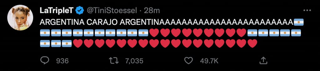 El tuit de Tini Stoessel celebrando la victoria de Argentina.