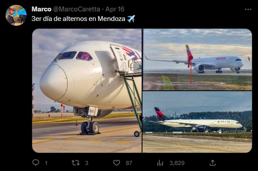 Un usuario de Twitter compartió imágenes de los vuelos que llegaron a Mendoza desviados desde Chile. Foto: Twitter/@MarcoCaretta