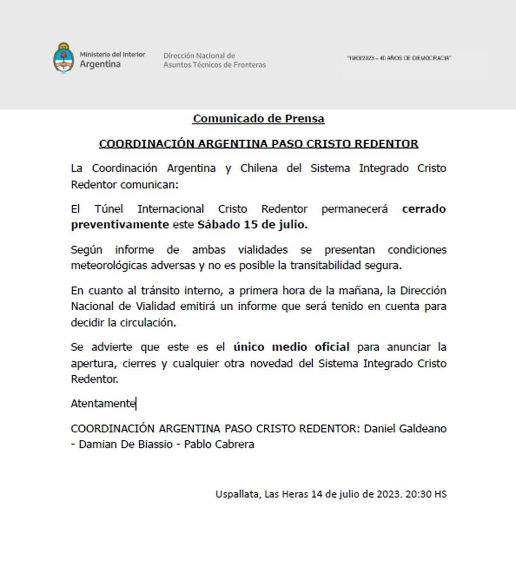 Comunicado de prensa de la coordinación del Paso Cristo Redentor para el sábado 15 de julio. Foto: Ministerio del Interior