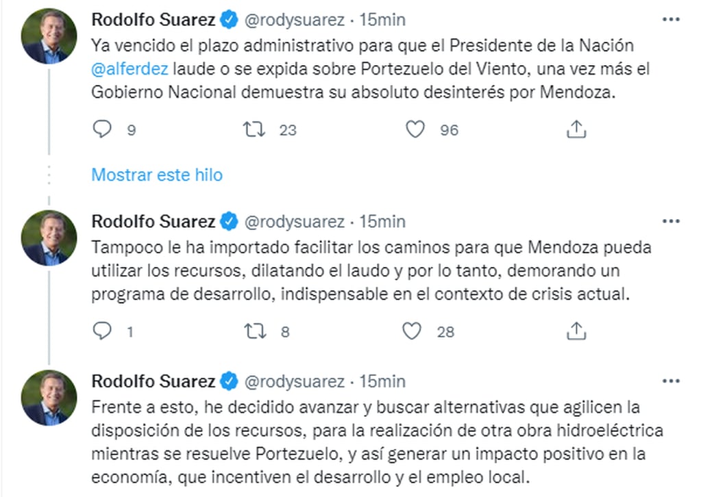E gobernador Rodolfo Suárez criticó al Gobierno nacional por no emitir el laudo presidencial.