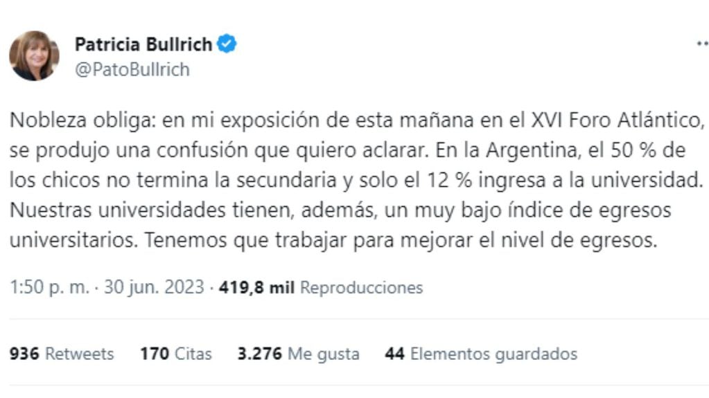 Bullrich debió retractarse por decir que “las universidades argentinas están vacías de alumnos argentinos porque casi la mitad de la matrícula la ocupan extranjeros”.