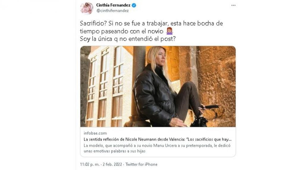 El post de Twitter de Cinthia Fernández.