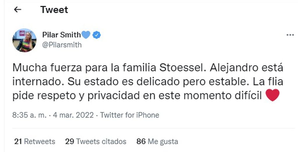 Alejandro Stoessel, el papá de Tini Stoessel, atraviesa un delicado estado de salud (Twitter Pilar Smith) 
