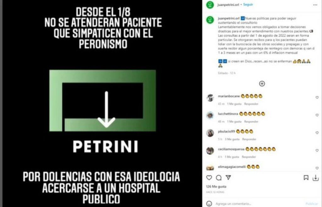 El posteo polémico del médico de Bahía Blanca: dijo que no quiere atender a peronistas (Instagram)
