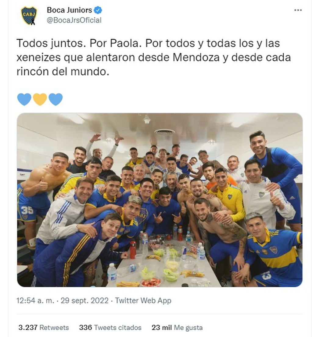 El mensaje de Boca tras el triunfo ante Quilmes en Mendoza: homenaje a las víctimas del vuelco del micro en San Martín (Twitter)