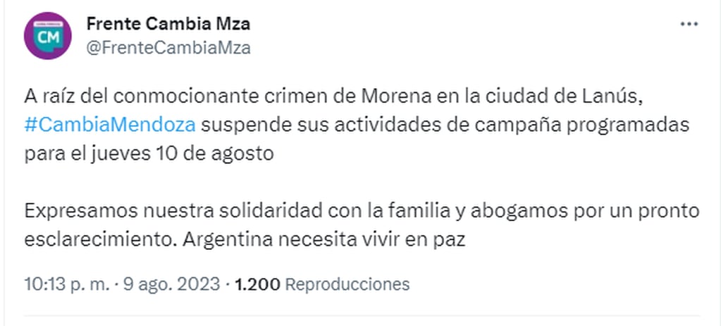 El frente Cambia Mendoza anunció que suspendía sus actividades de cierre de campaña por el conmocionante asesinato en Lanús.