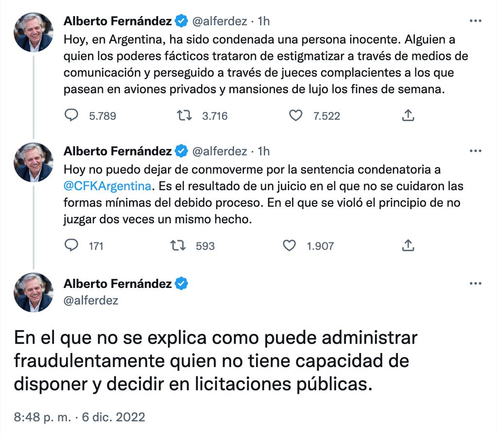 Mensaje del presidente Alberto Fernández tras la conde a Cristina Kirchner. Fuente: Twitter