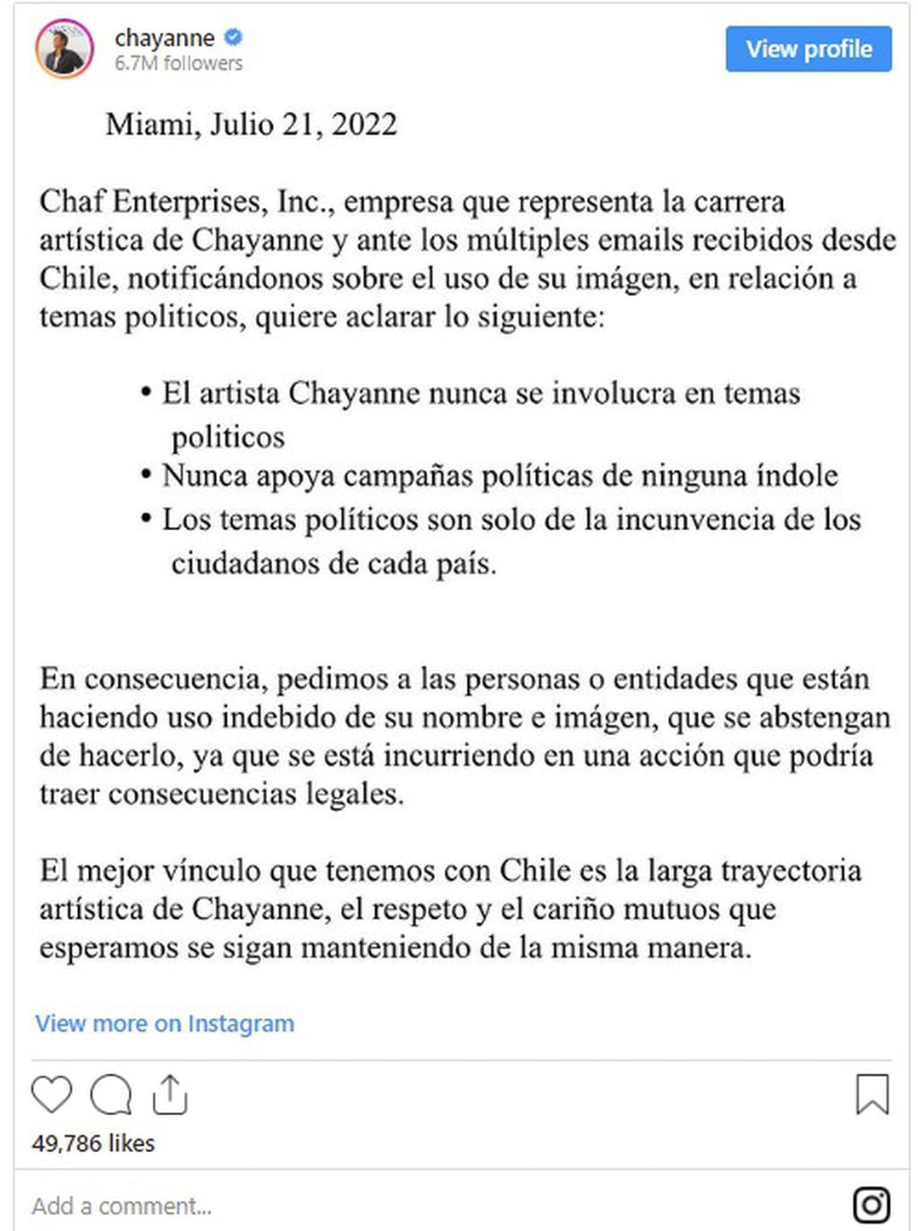 Por imagen viral en Chile, Chayanne aclaró que no se mete en asuntos políticos de otros países (Instagram)