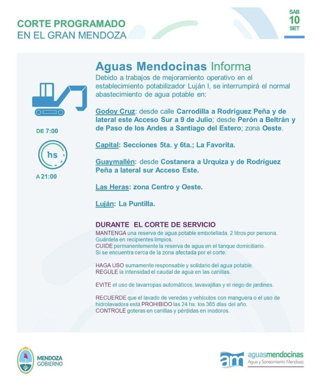 Aguas Mendocinas Informa que el sábado de 7 a 21 habrá cortes de servicio en varias localidades