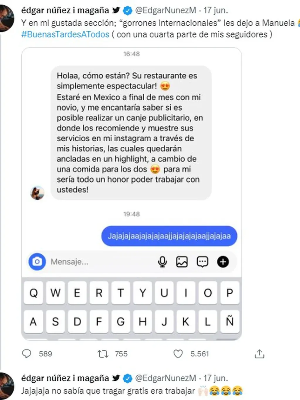 La burla de Edgar Núñez al pedido de la influencer