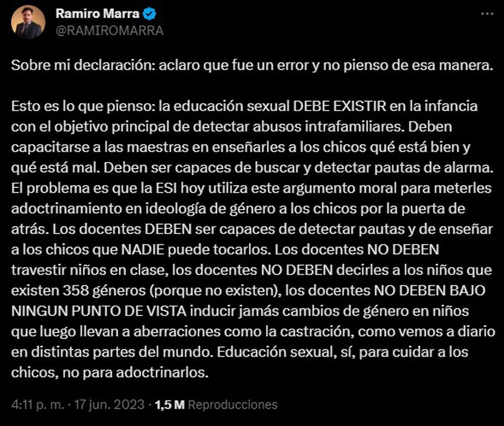 Ramiro Marra se retractó en Twitter. Foto: captura.