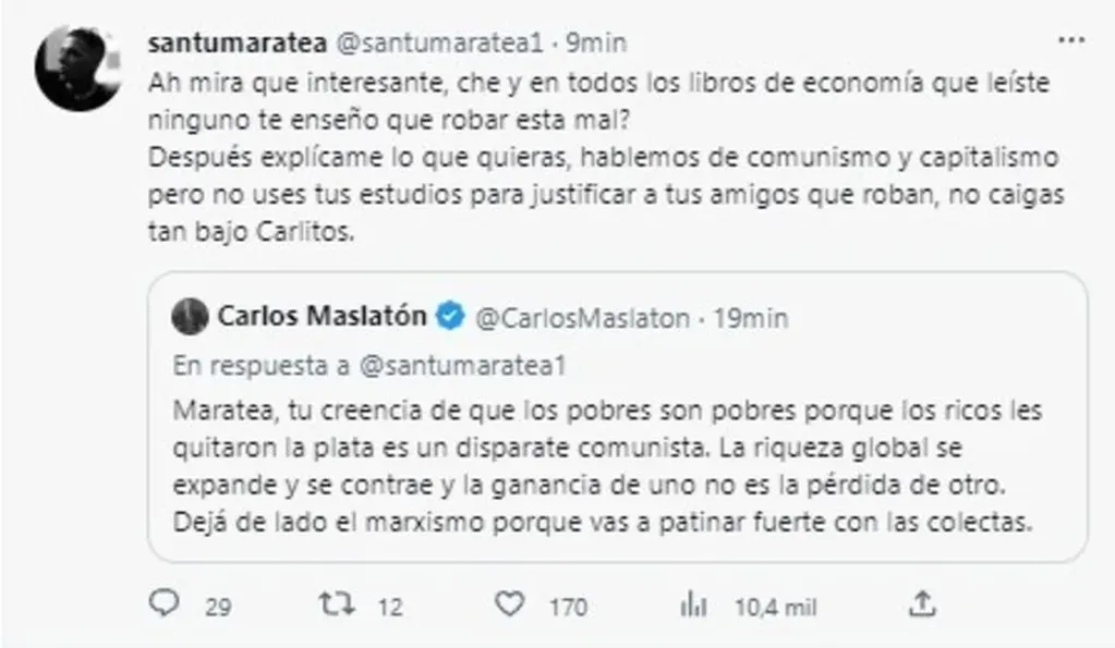 La conclusión del cruce tuitero entre Maratea y Maslatón. Foto: @santumaratea1