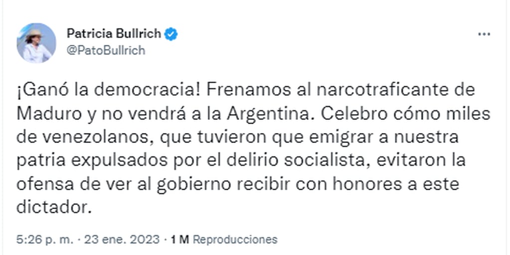 Bullrich celebró la suspensión de la visita de Nicolás Maduro - Twitter