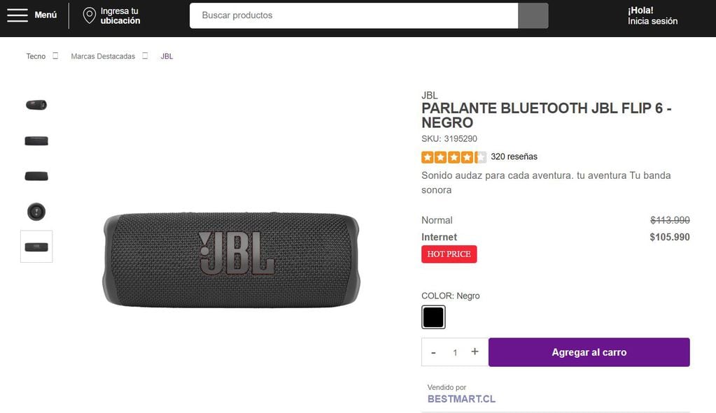 Este es el precio del parlante Bluetooth JBL en una conocida tienda de Chile.