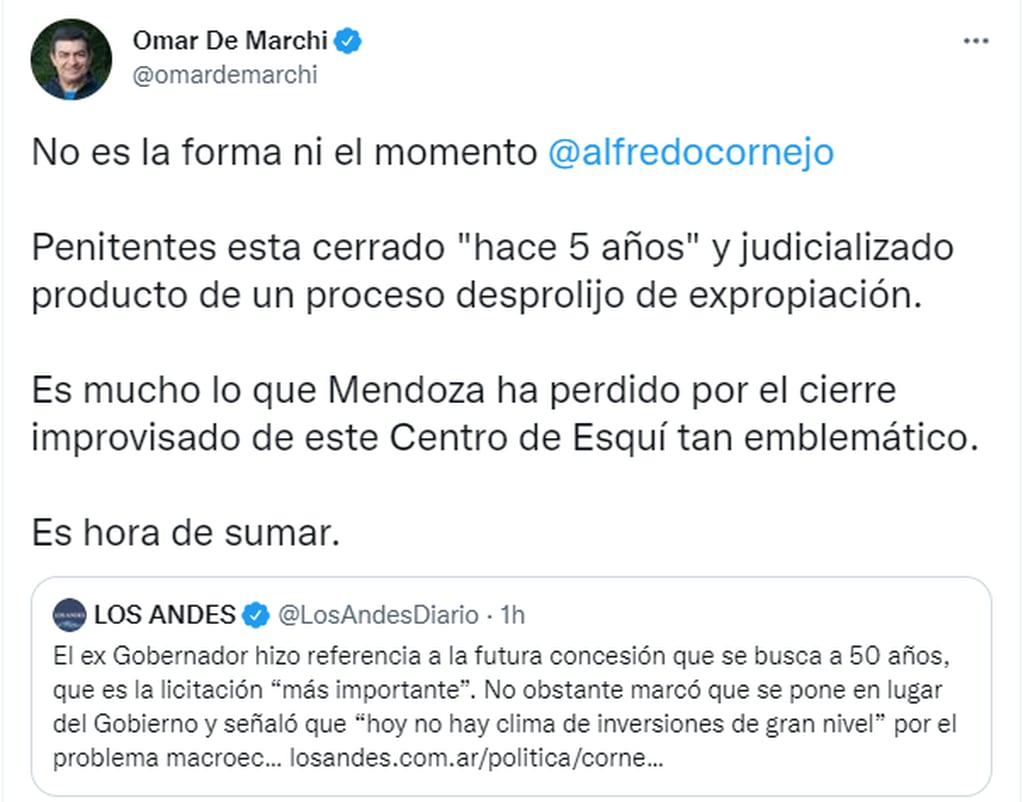 El diputado nacional Omar De Marchi criticó al senador nacional Alfredo Cornejo por Penitentes.