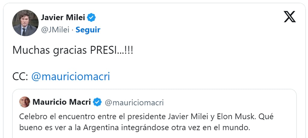La reacción de Javier Milei tras el posteo de Mauricio Macri. Captura: X / @JMilei