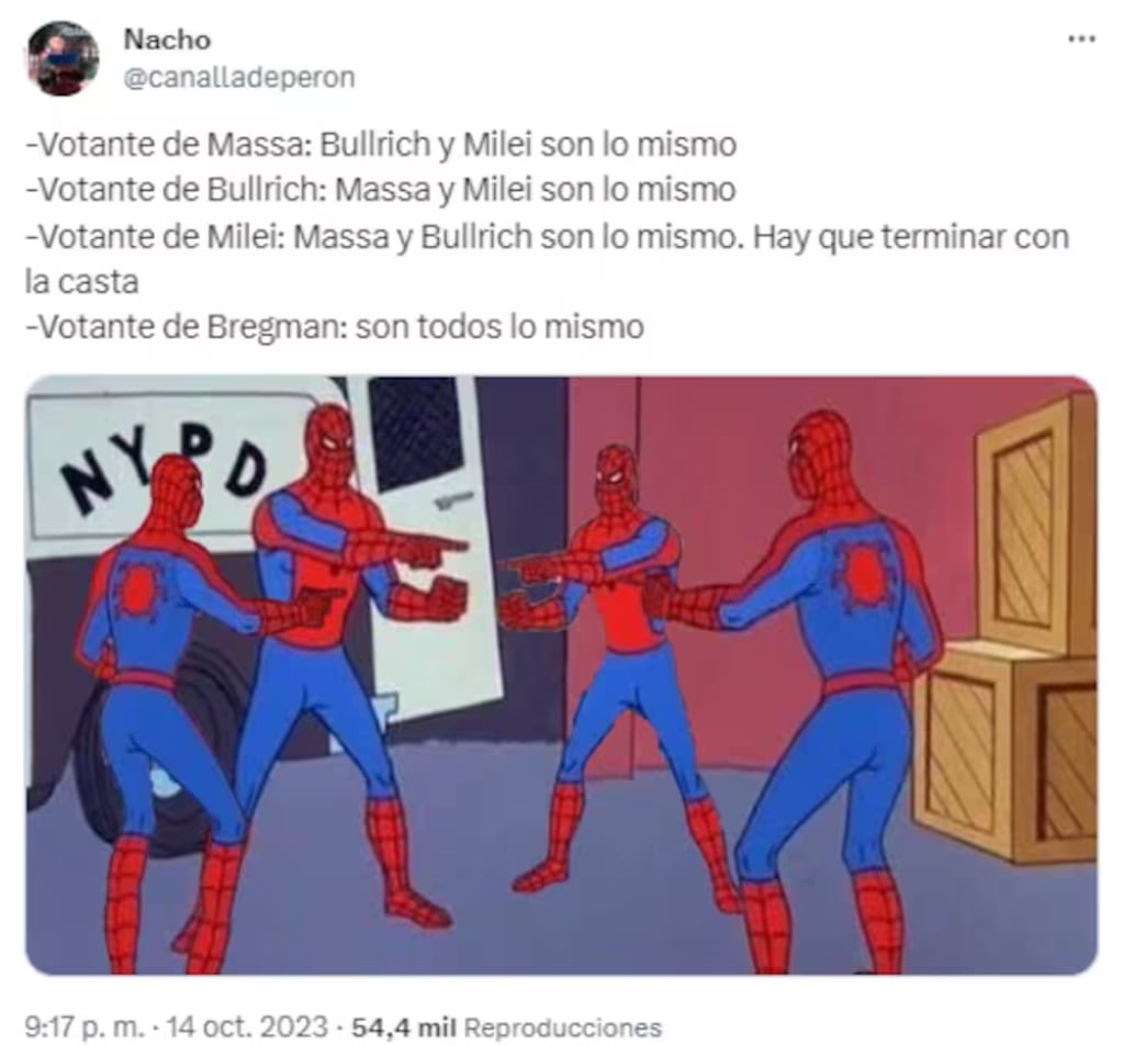 Spiderman en las elecciones 2023 en Argentina. Foto: X / @canalladeperon