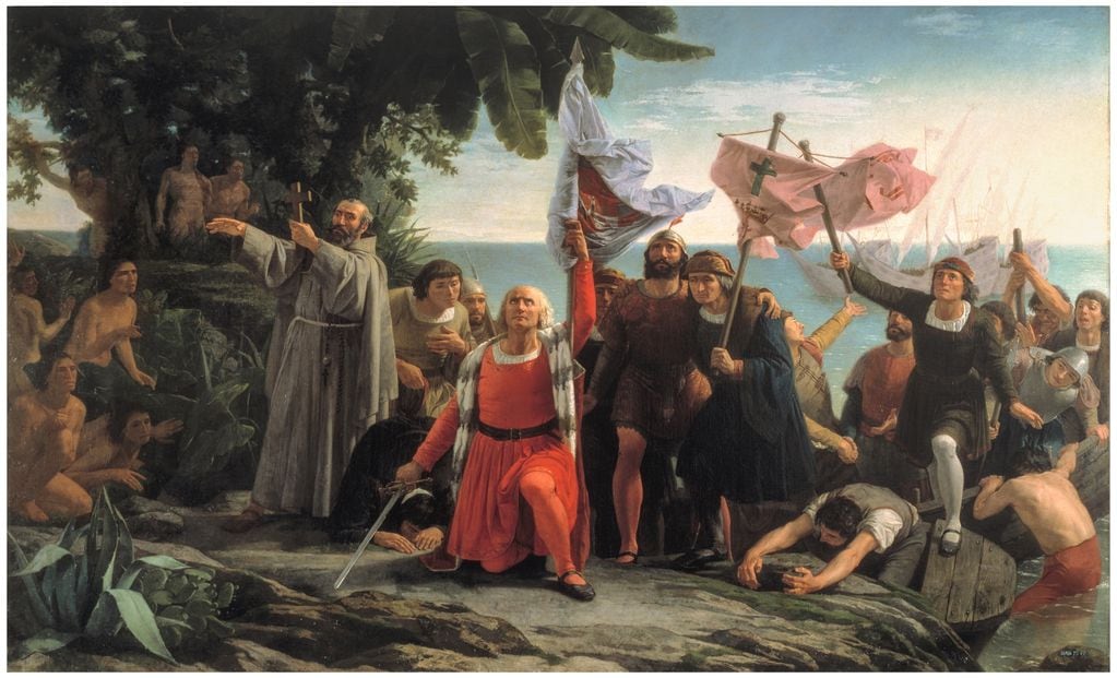 Primer desembarco de Cristóbal Colón en América. Óleo de Dióscoro Teófilo Puebla y Tolín, pintado en 1832 (Museo del Prado).