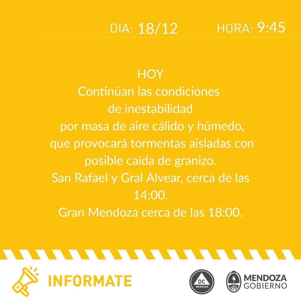 La publicación de Defensa Civil alertando sobre posibles tormentas con caída de granizo en Mendoza