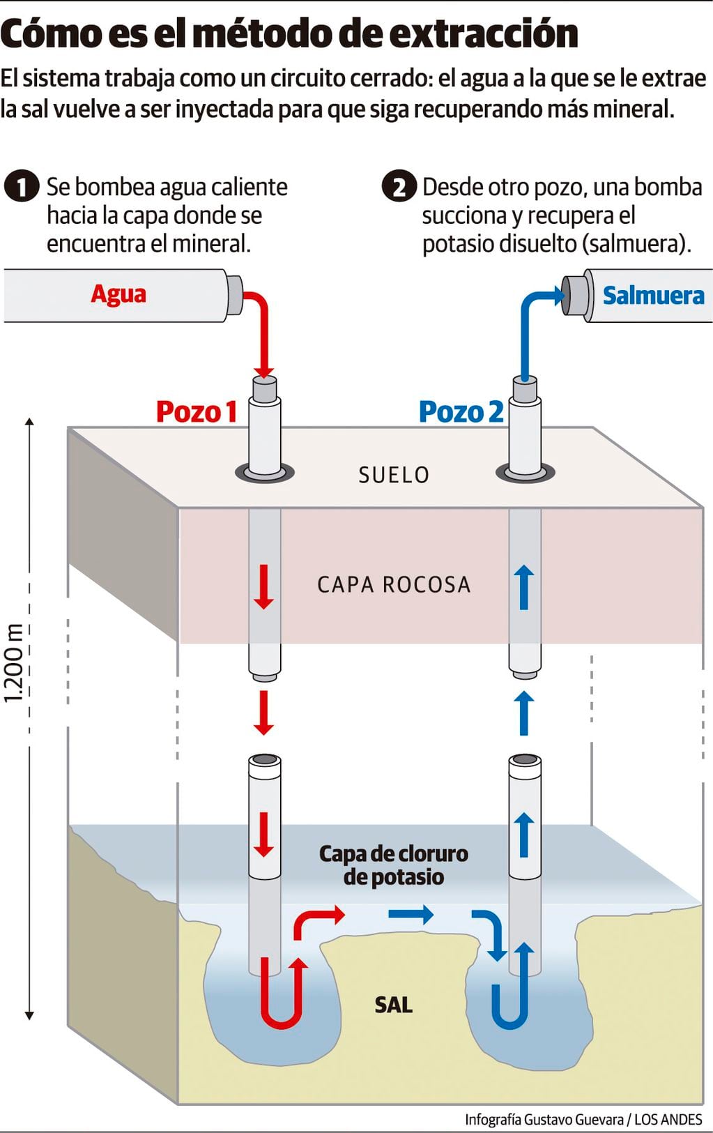 Cómo es el proceso de extracción de sales de potasio, en Malargüe. Infografía Gustavo Guevara.