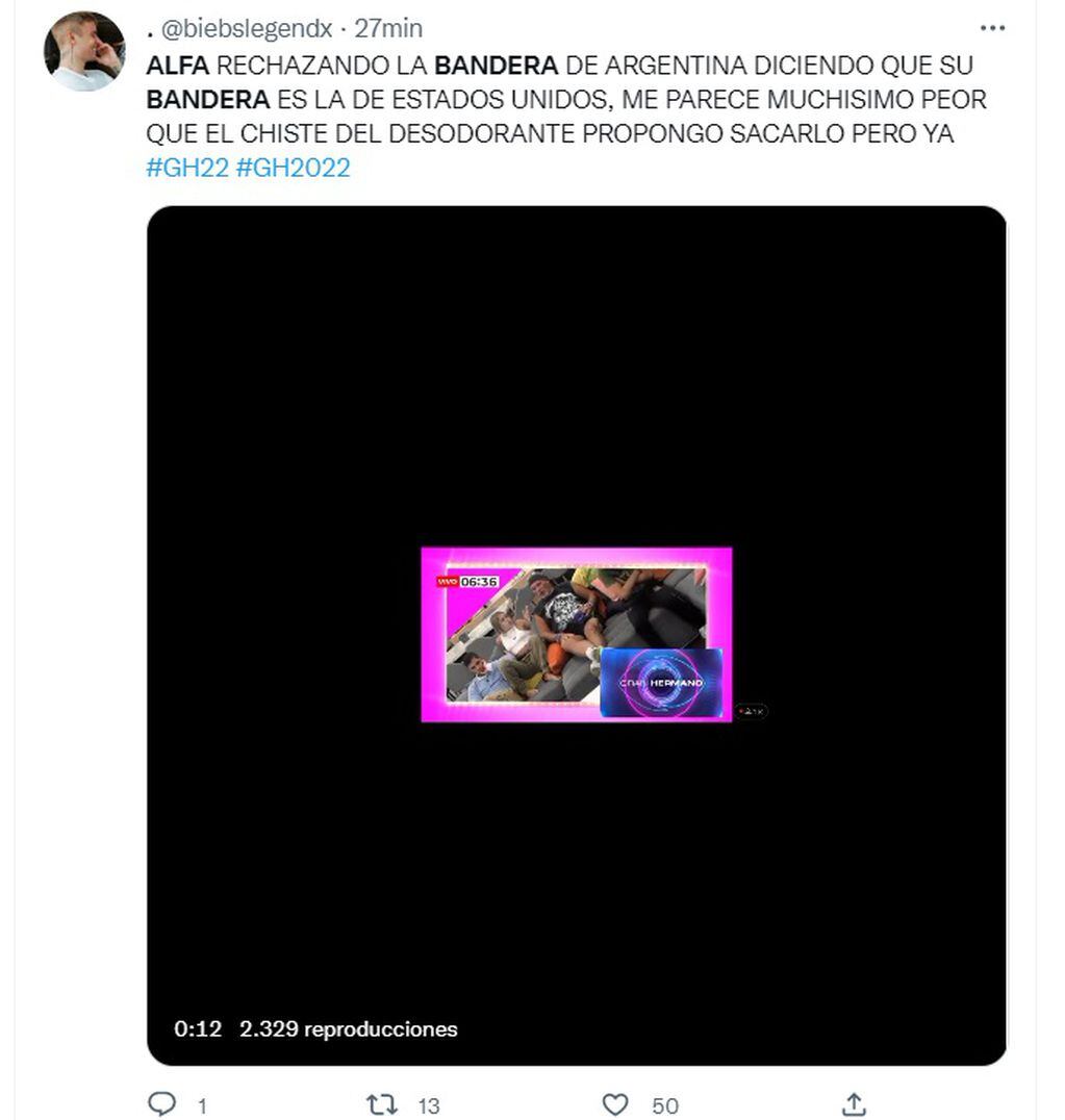 Repudio en redes sociales a Alfa de Gran Hermano por rechazar la bandera de Argentina (Twitter)