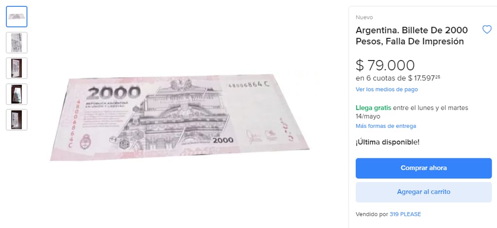 Los coleccionistas argentinos tienen la posibilidad de pagar hasta 80.000 pesos por este billete con un error de impresión. Captura: MercadoLibre