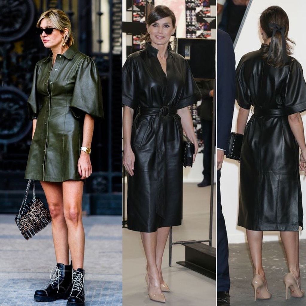 Vestidos de cuero: uno lookeado con borcegos mas informal y el otro lucido por la reina Leticia mas formal