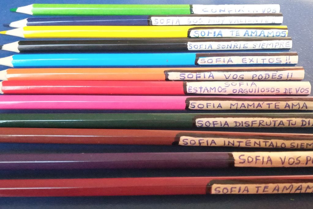 Emotivo: su nieta tiene TEA y le escribió tiernos mensajes en los lápices para “acompañarla” en clases. Foto: Facebook Sandra Lescano.