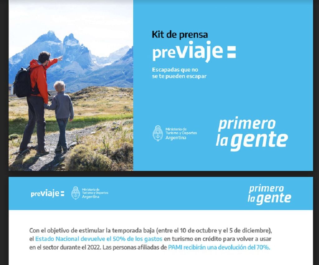 El material de prensa del Gobierno con el error de las Torres del Paine (Chile) para promocionar el PreViaje en Argentina (Ministerio de Turismo y Deportes)