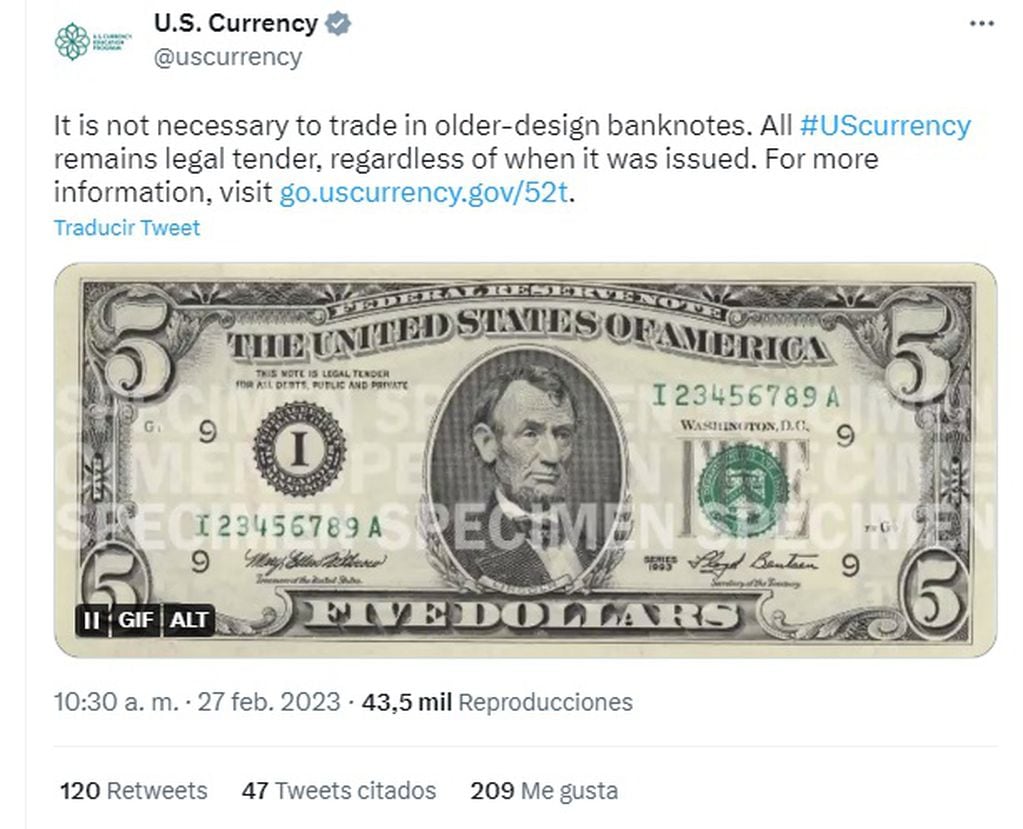 Aclaración de la Reserva Federal de EE.UU. sobre el billete dólar (Twitter)