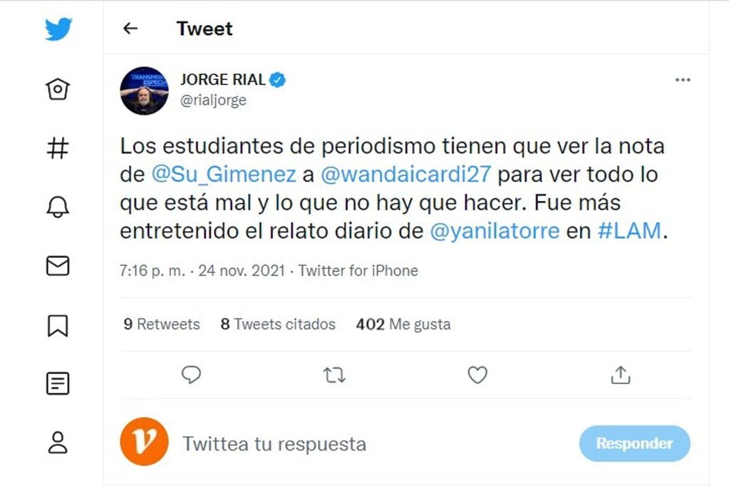 El fuerte tuit de Jorge Rial contra la labor de Susana Giménez en la nota con Wanda (Captura de Pantalla).