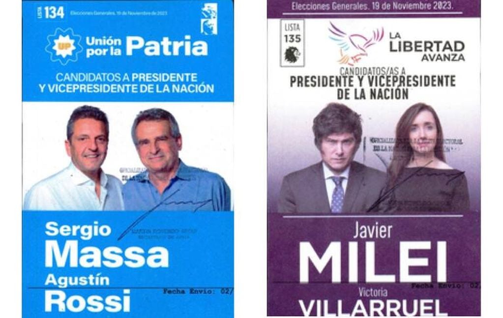 Boletas para el balotaje de Massa y Milei con la leyenda "19 de noviembre de 2023"