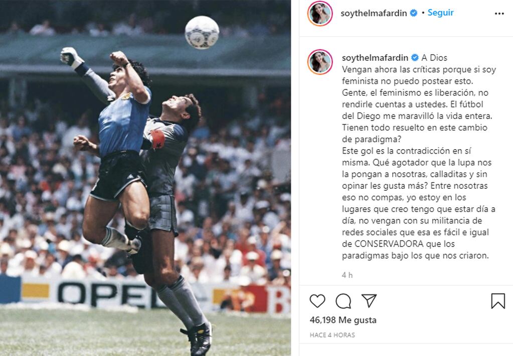 El mensaje de Thelma por la muerte de Diego Maradona en sus redes sociales
