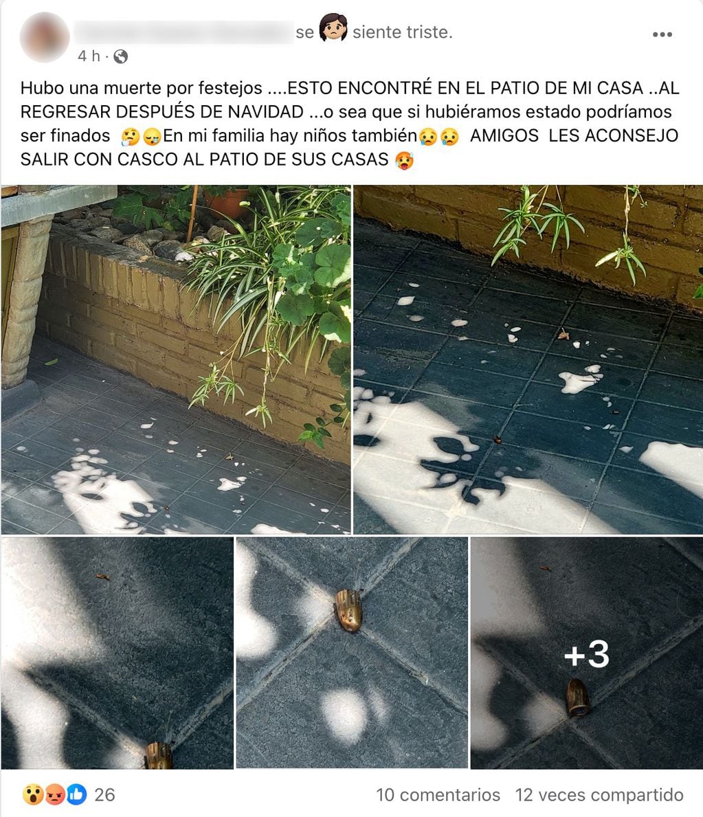 Tras los festejos de Navidad, una mujer de Godoy Cruz encontró una bala en el patio de su casa y compartió un posteo en redes. Foto: captura de pantalla