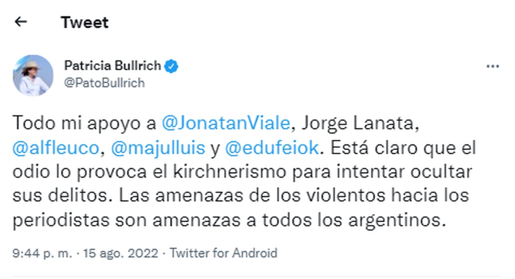 Patricia Bullrich repudió los dichos de Roberto Navarro.