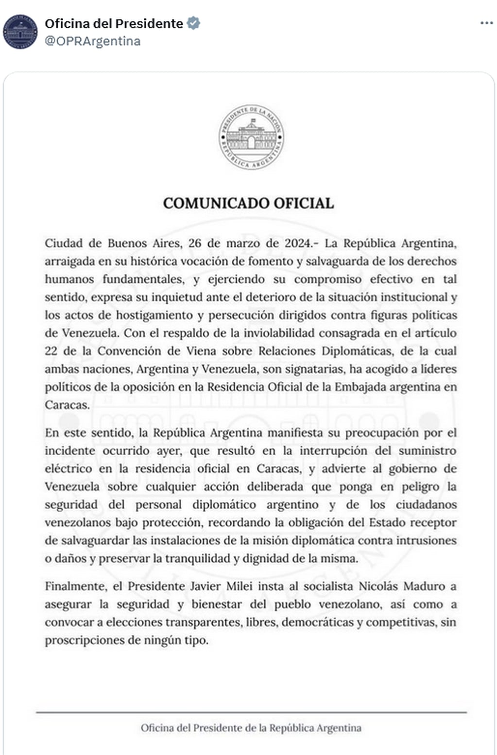El Gobierno argentino confirmó que hay seis opositores venezolanos refugiados en la embajada de Caracas.