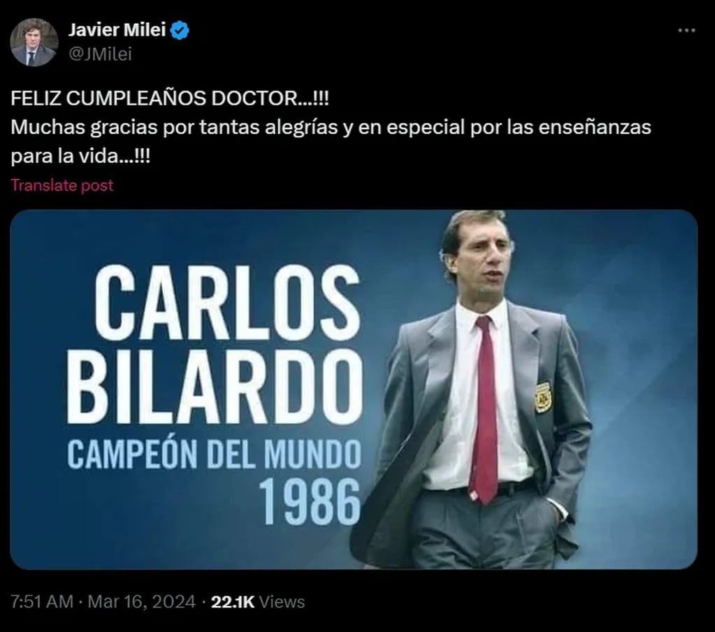 El efusivo saludo de Javier Milei para Bilardo
